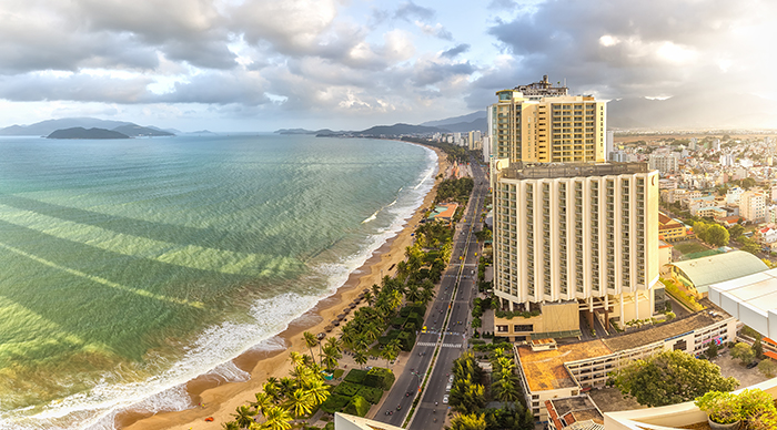 Nha Trang Sea catch the afternoon sun with skyscrapers and clean beaches attract tourists and foreign tourists in the city of Nha Trang, Khanh Hoa, Vietnam