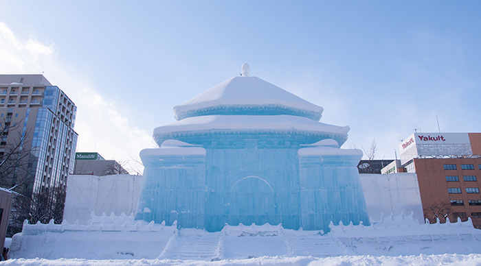 Illuminated snow sculpture of The National Chiang Kai-shek Memorial Hall at Sapporo Snow Festival