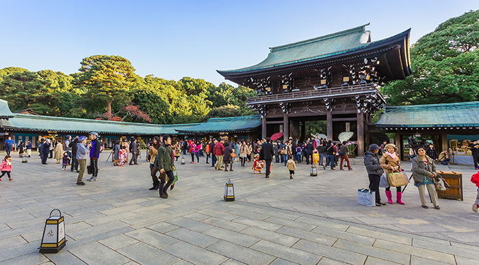 People visiting Meiji jingu shrine during new year in Tokyo Japan