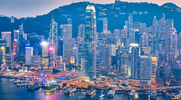 Night view of skyline at the Victoria Harbor in Hong Kong city