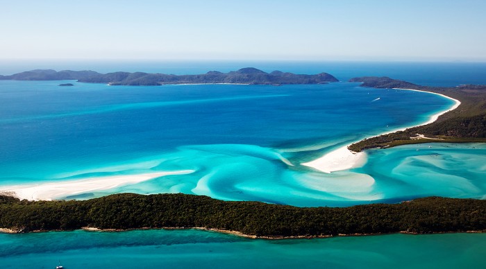 Aerial view of Whitehaven Beach and Hill Inlet on Whitsunday Island, Queensland, Australia