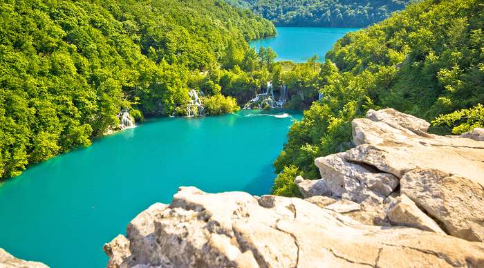Turquoise water of Plitvice lakes national park in Croatia.