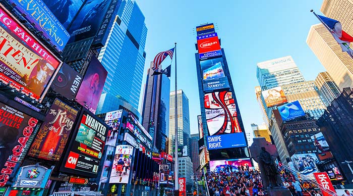 A view of Times Square with skyscrapers in Manhattan New York