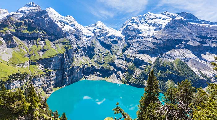 Panoramic view of the Oeschinen lake in Switzerland