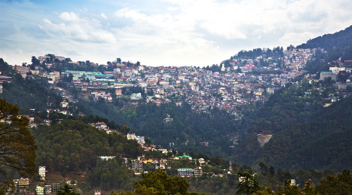 High angle view of buildings on a mountain, Shimla
