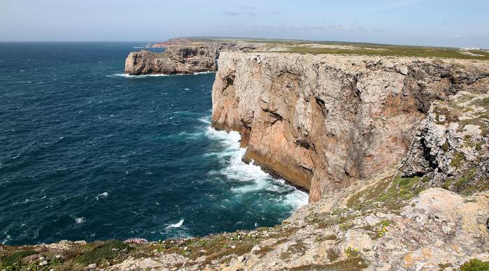 Rugged cliff line at Cape Saint Vincent - Sagres Portugal from the Lighthouse. This Cape is located at the furthest South West point on the Portuguese Coast.