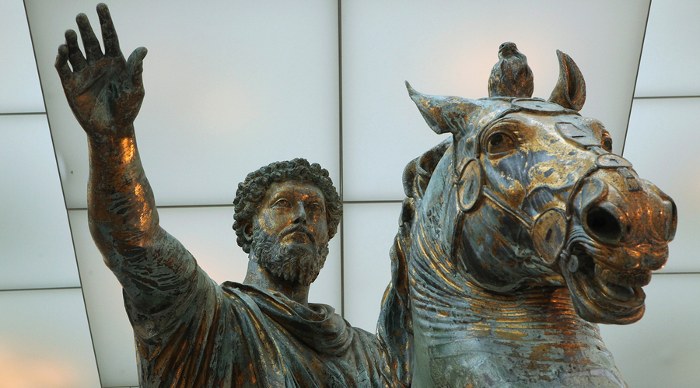 Roman bronze equestrian statue of Marcus Aurelius displayed in the Capitoline Museums in Rome, Italy.