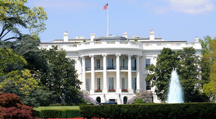 South facade and South lawn of the White House in Washington DC in spring colors.