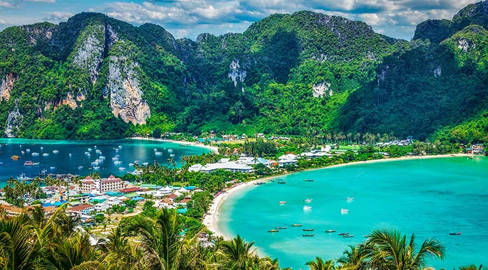 Tropical island with resorts in Phi Phi Island